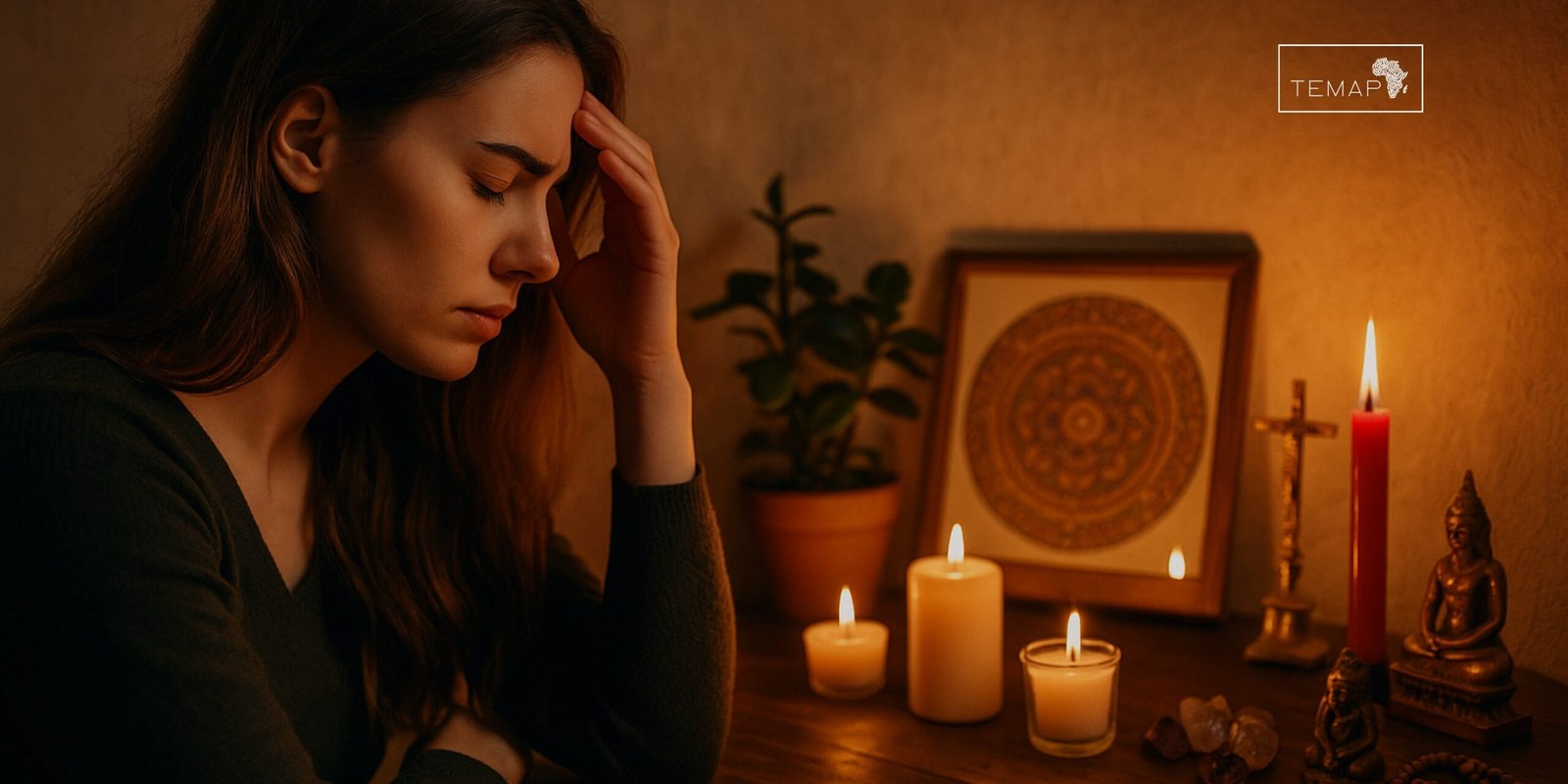 Mulher em reflexão diante de altar espiritual com sensação de dúvida e energia espiritual.