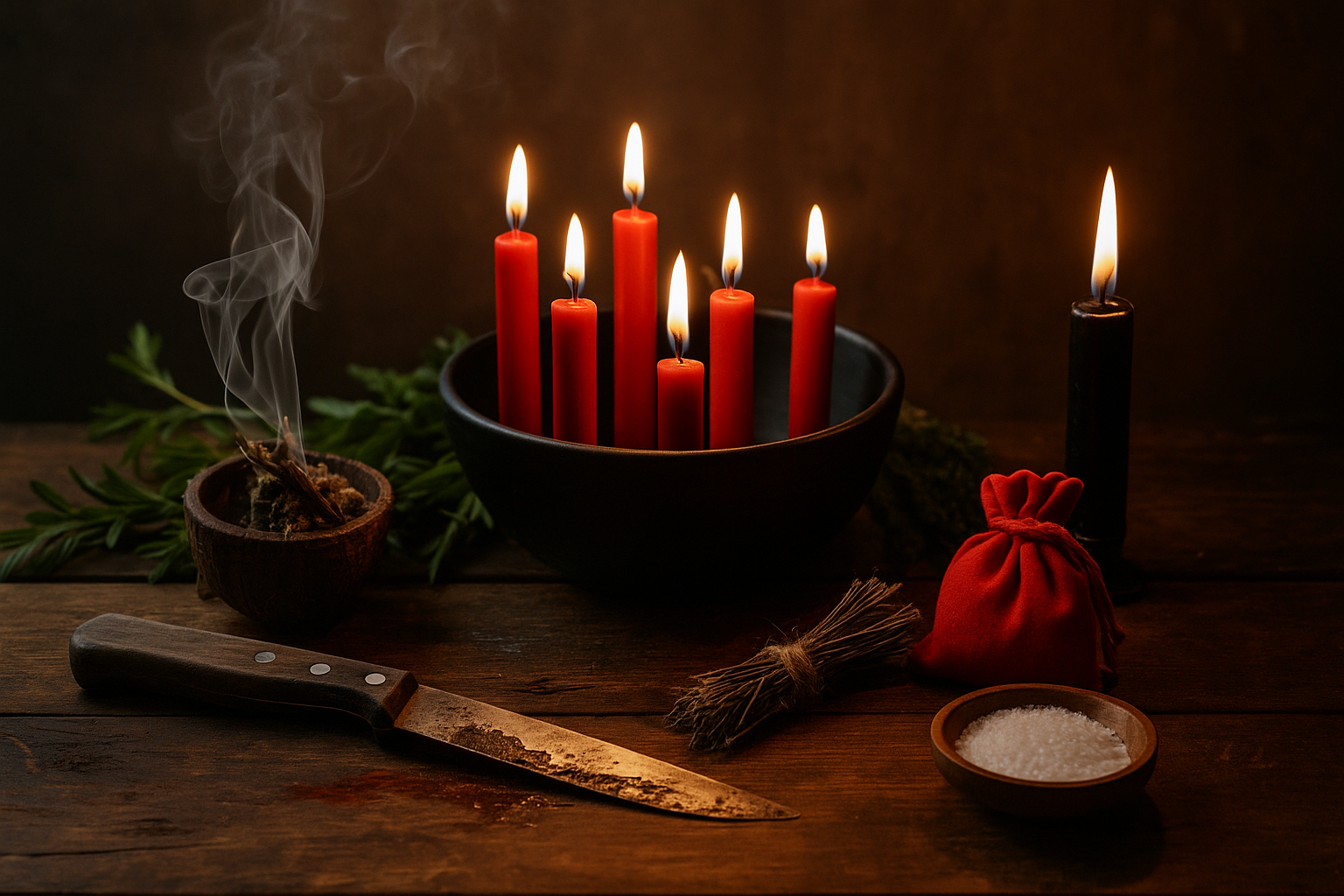 Ritual no TEMAP para cortar demanda espiritual negativa com ervas e velas.